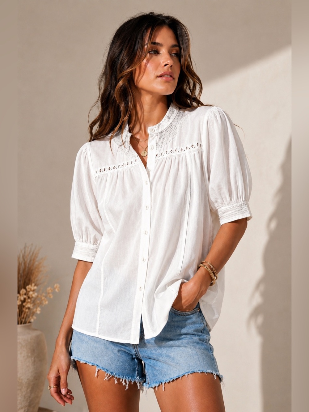 New! Madewell Puff-Sleeve Band-Collar Shirt.